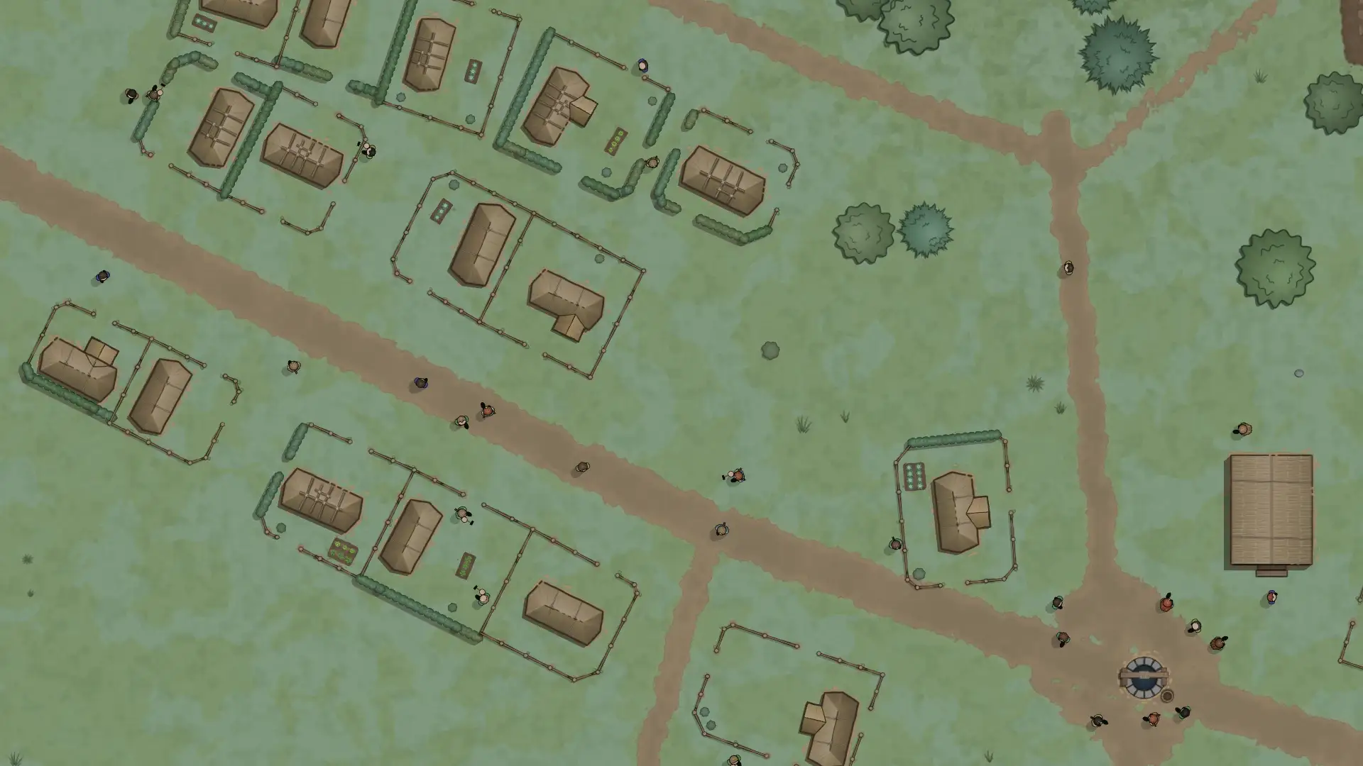 A close view of thatched homes with porches, hedged yards and gardens along a town street, with villagers near their homes and gathered around a well.