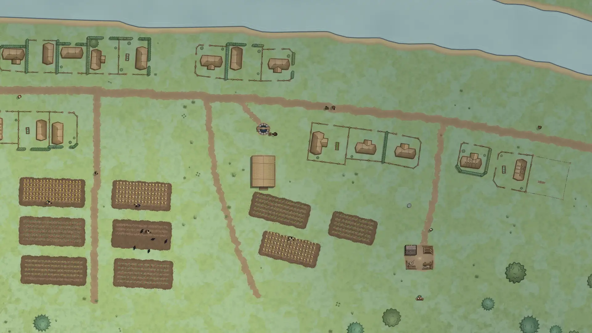 A village along a river road, with hedged homes, angled fields at different stages of growth, farm lanes and birds above the crops.