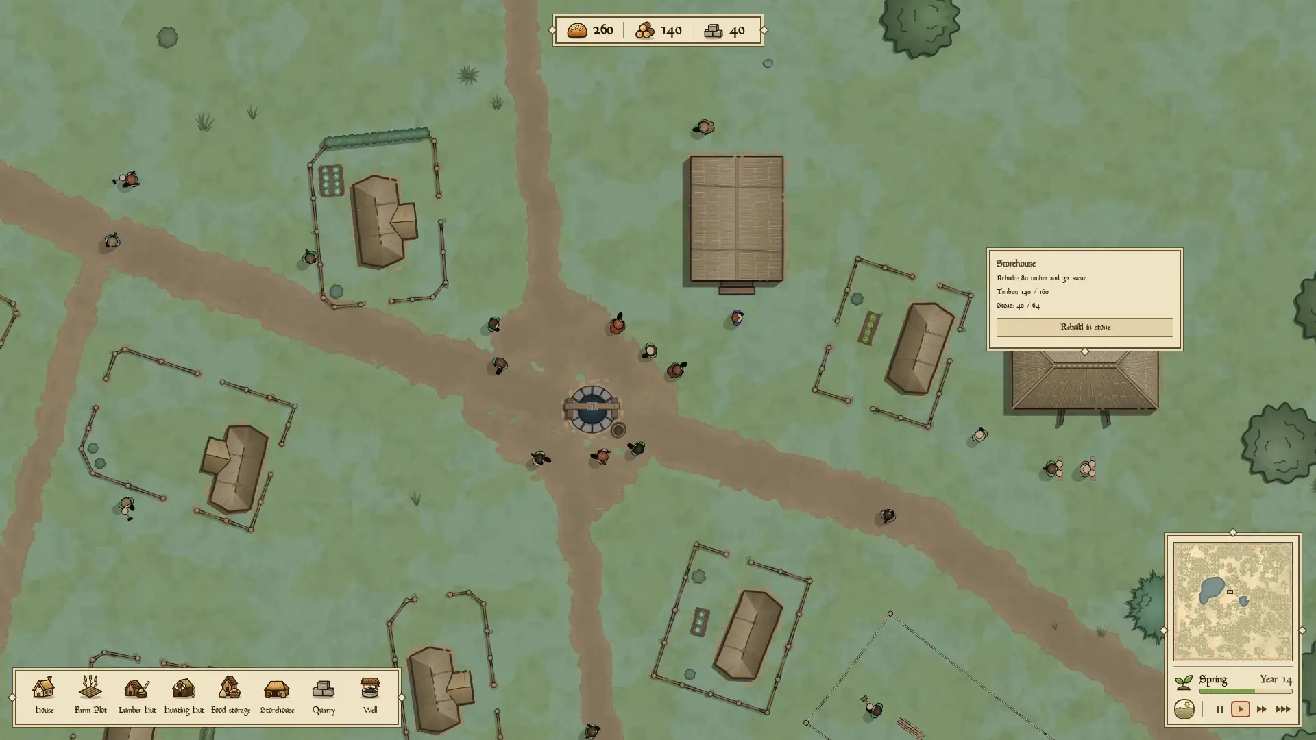 Villagers gather around a well at a town crossroads, surrounded by homes and storage buildings, with a storehouse card showing timber, stone and a stone upgrade.