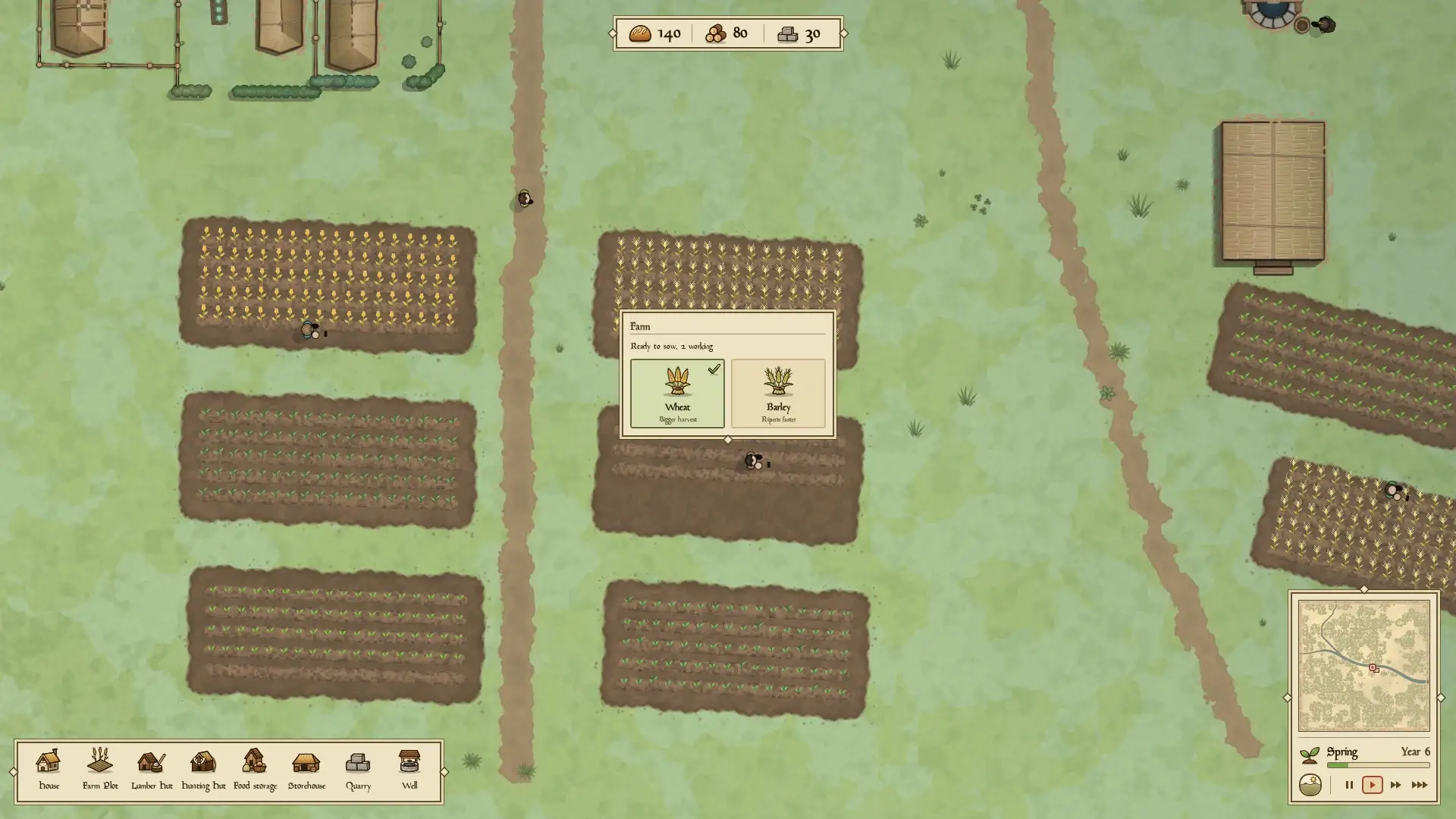 Farmers and fields at different stages of growth, with a farm card offering wheat for a bigger harvest or barley that ripens faster.