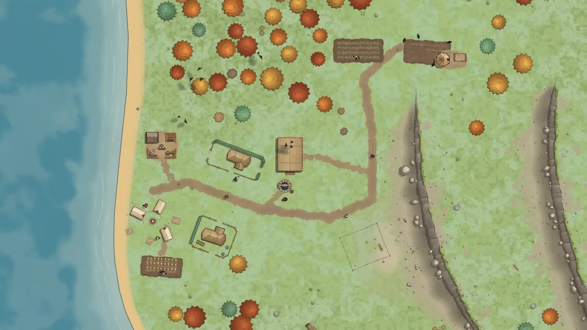 A young hamlet between a lake and grey cliffs, with orange and red autumn trees, birds, a founding camp, homes and small fields.