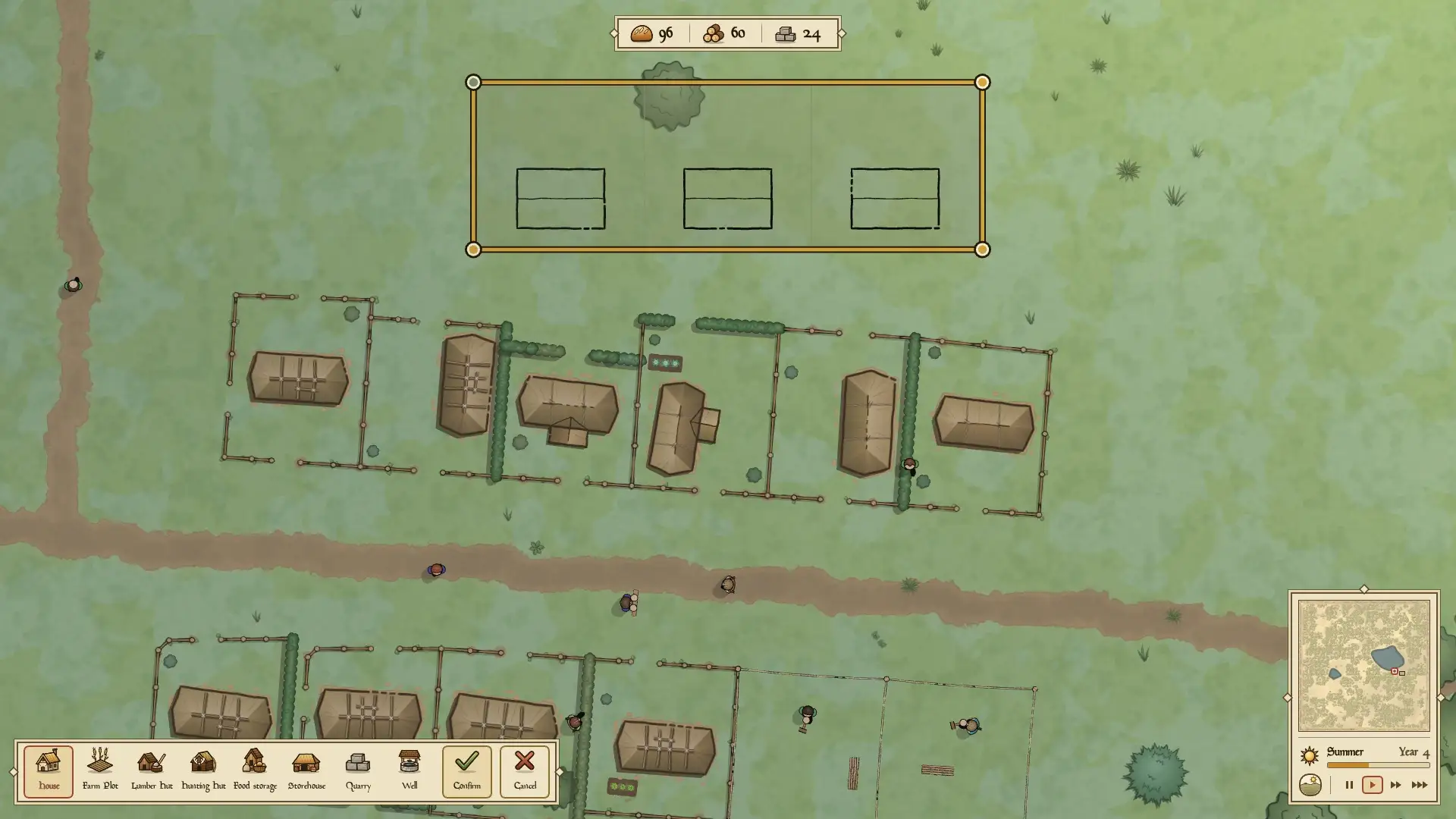 The house tool previews three new homes inside a gold placement border beside rows of homes and construction sites, with confirm and cancel controls visible.