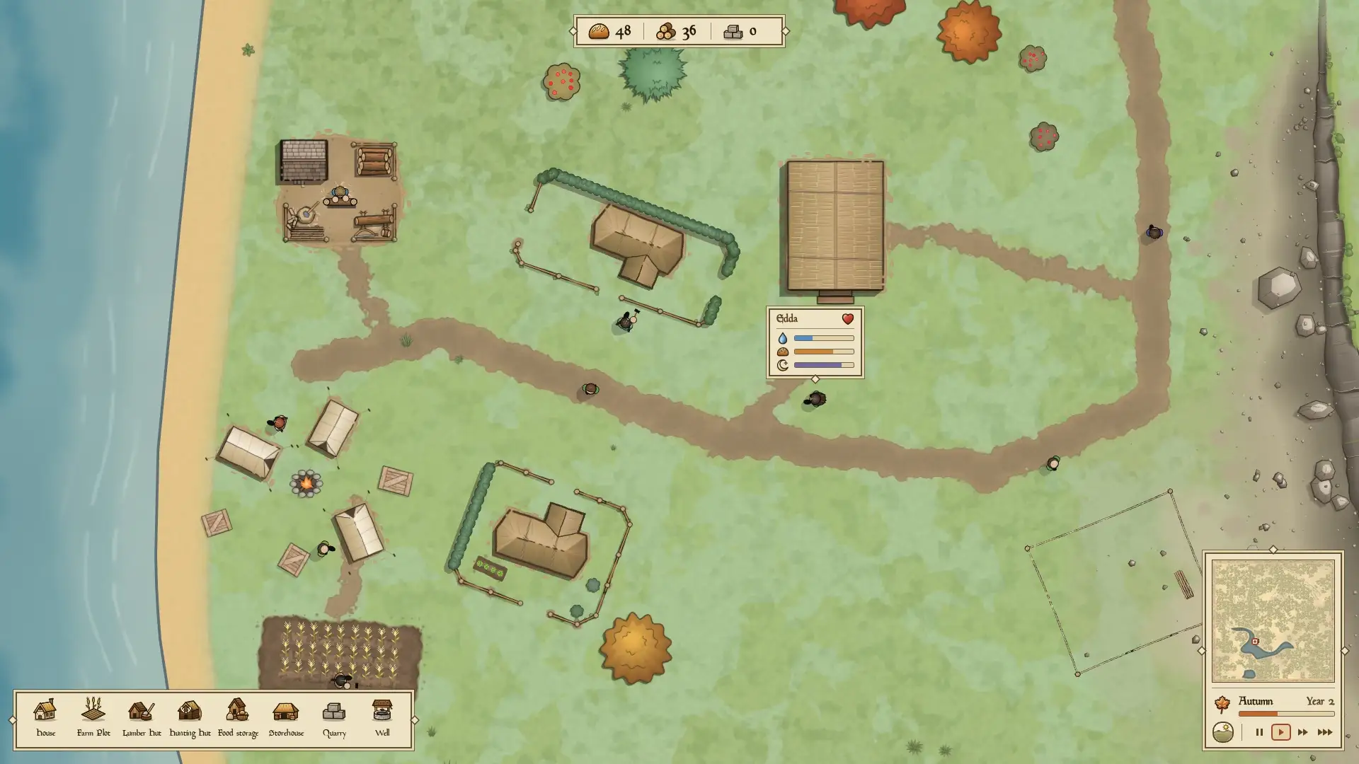 A villager's card names Edda and shows thirst, food and sleep bars beside homes, a lumber yard and a founding camp between a lake and cliffs.