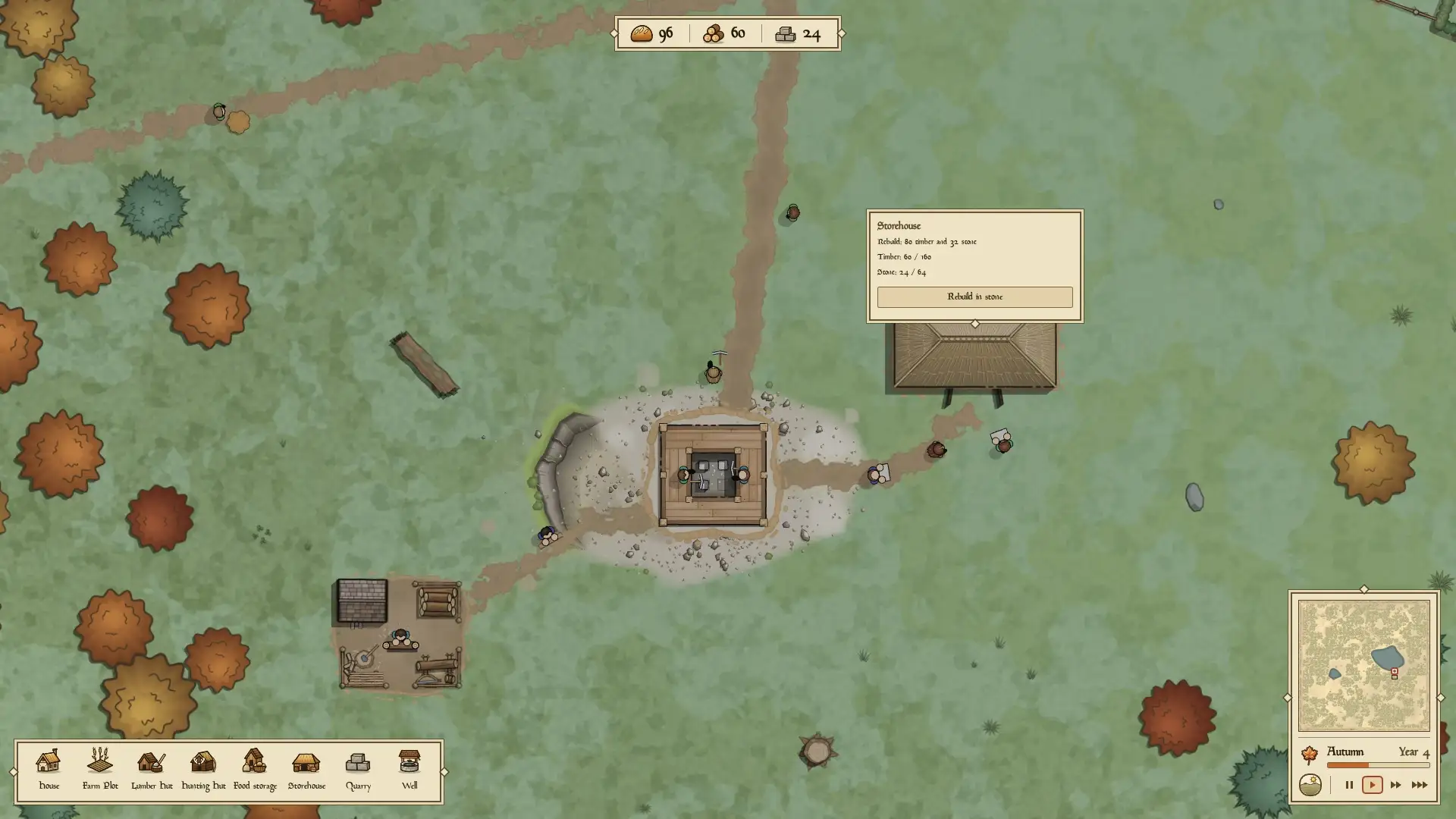 A close view of a stone quarry and lumber yard, with workers holding tools and carrying stone toward a storehouse whose stock and upgrade card is open.