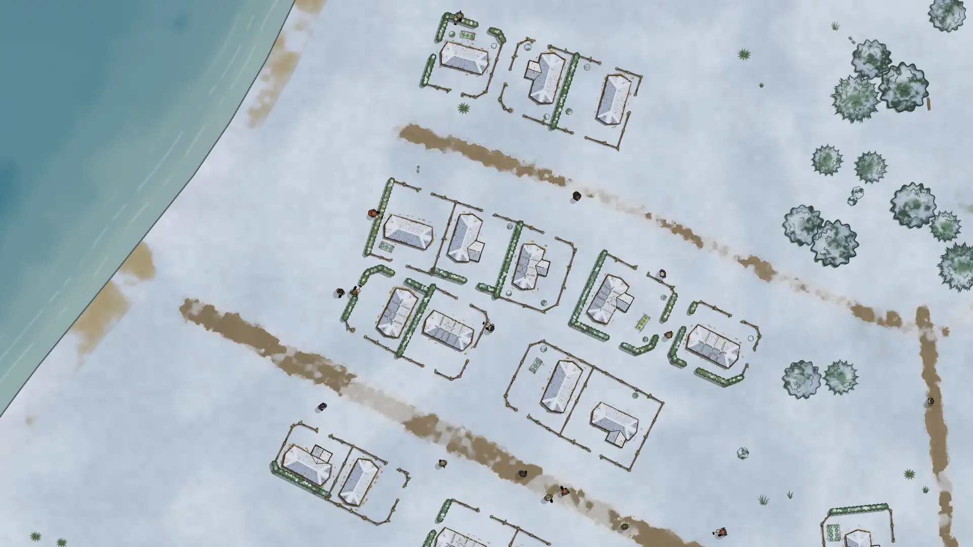 A lakeside town under deep snow, with snow-covered roofs and trees, hedged yards and villagers on trodden lanes.